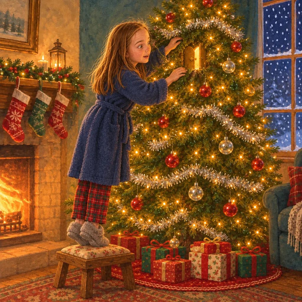 A child in a dressing gown standing on a footstool, peering at a tiny glowing golden door in the branches of a Christmas tree