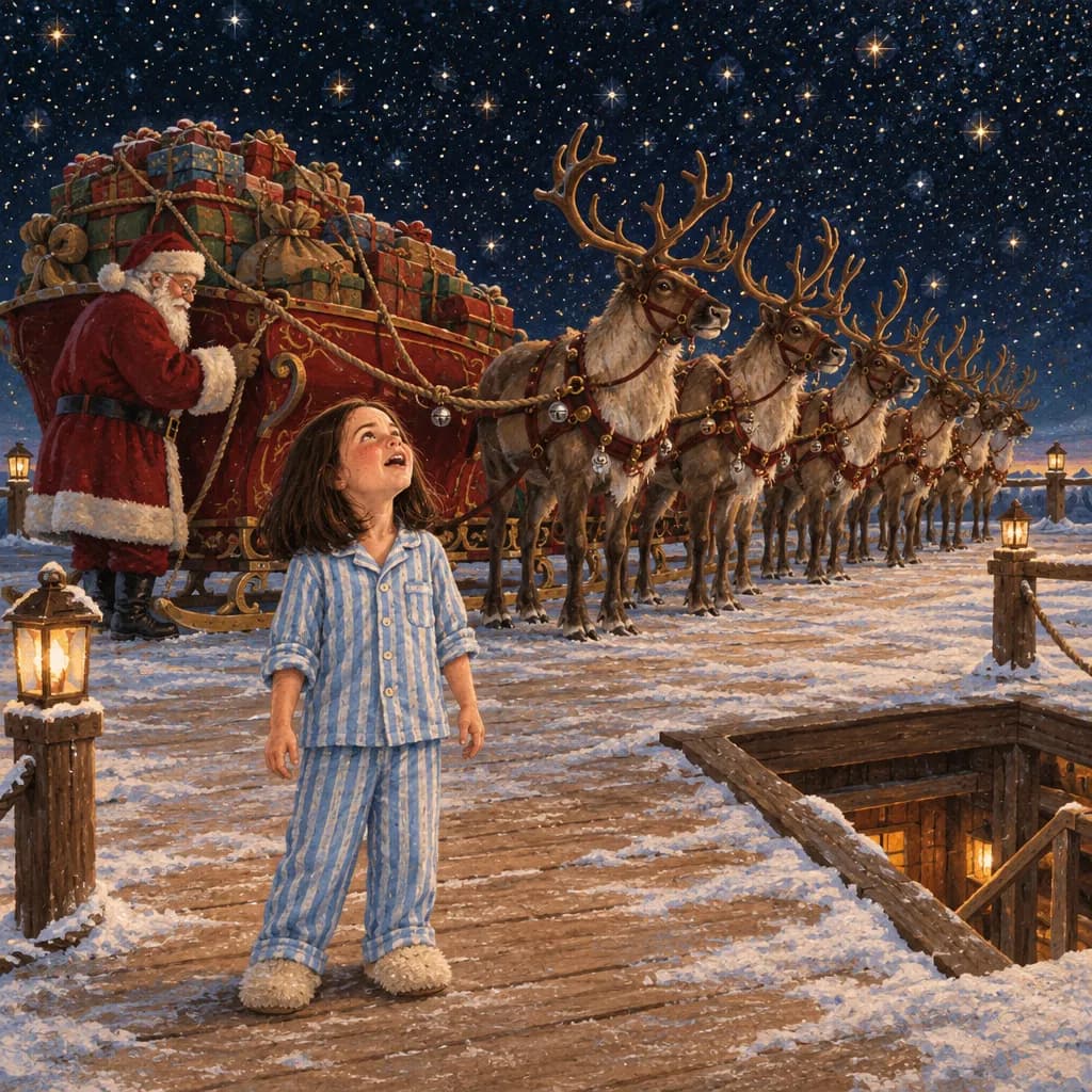 A child in striped pyjamas gazing up at the night sky beside Santa's sleigh and a line of harnessed reindeer