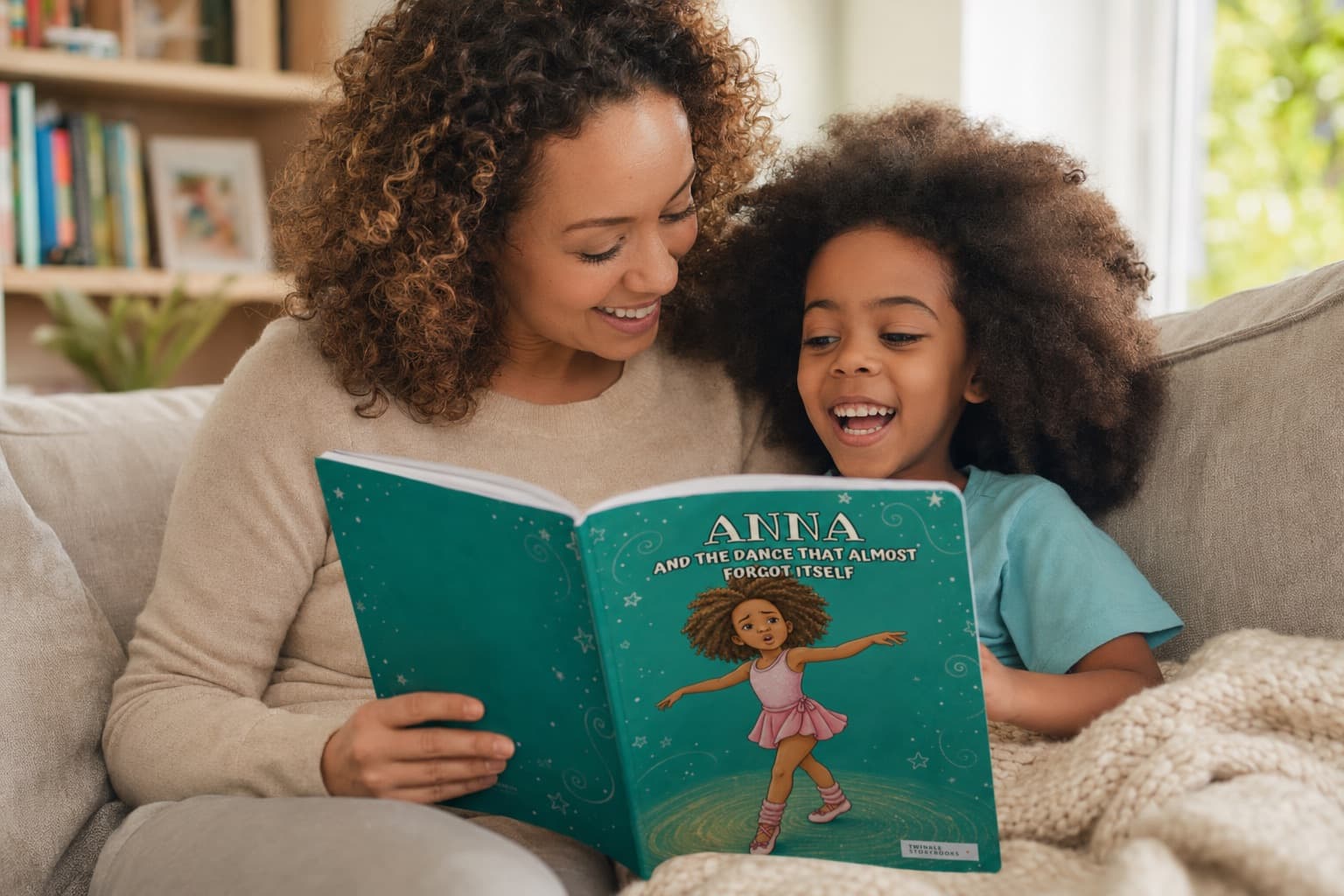 A mum and daughter reading the personalised book together on the sofa