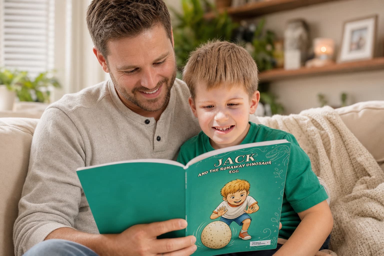 A dad and son reading the boy's personalised book, 'Jack and the Runaway Dinosaur Egg', together on the sofa
