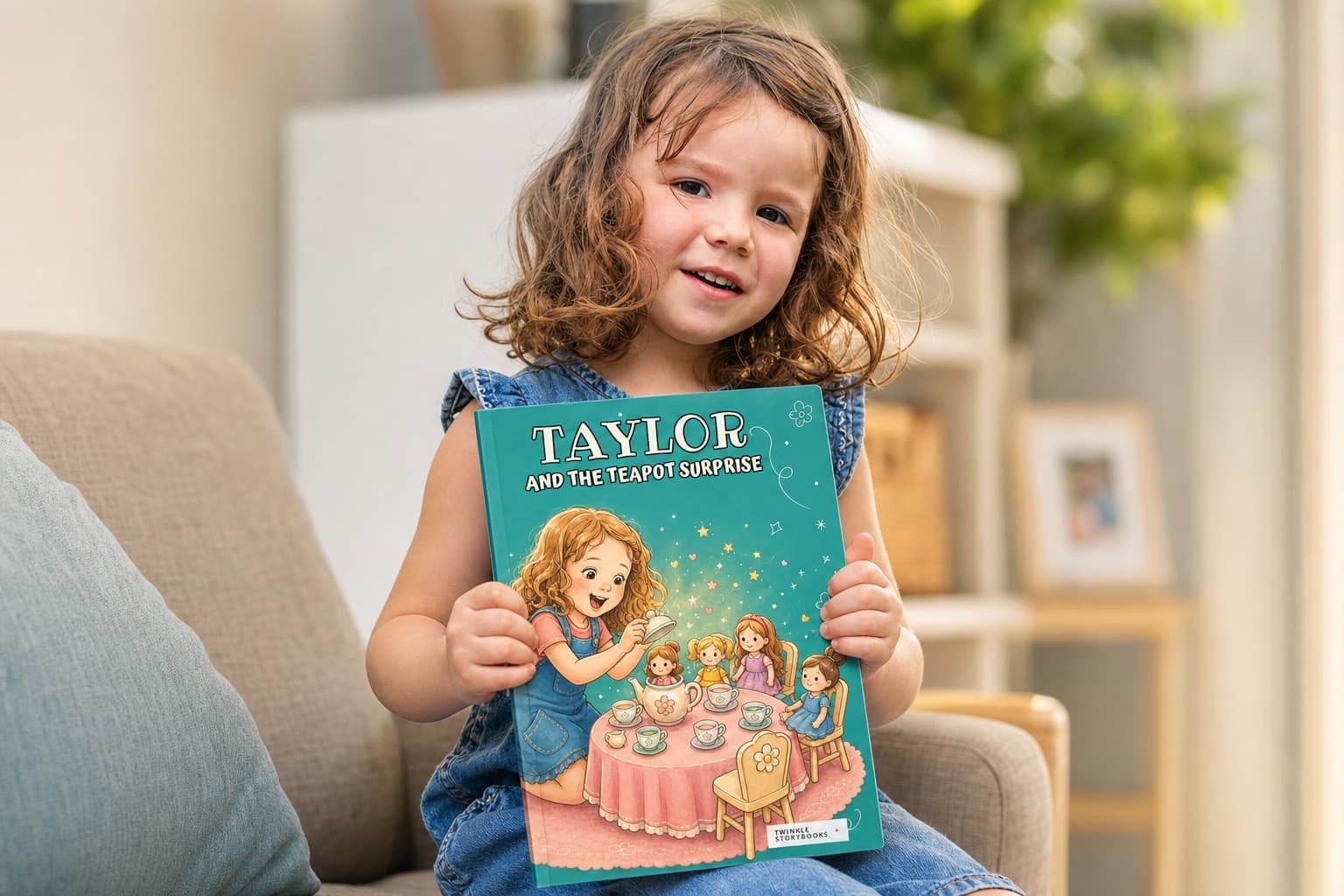 A young girl in an armchair holding her book, 'Taylor and the Teapot Surprise'
