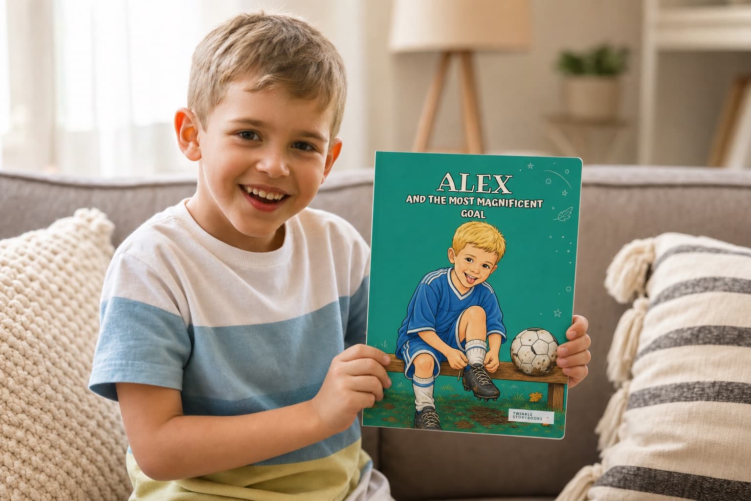 A smiling boy on a sofa proudly holding his personalised storybook, 'Alex and the Most Magnificent Goal' - the cartoon hero on the cover is him