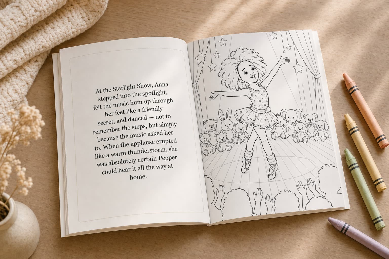 An open spread: story text on the left page, a full-page line-art illustration to colour on the right