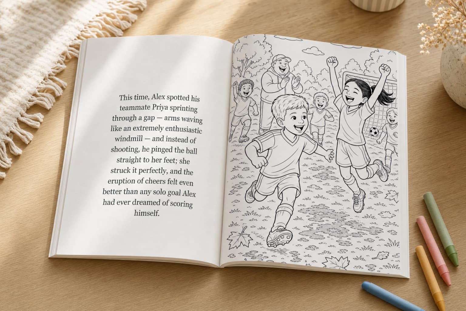 Another open spread with a football match scene ready to colour, crayons beside the book