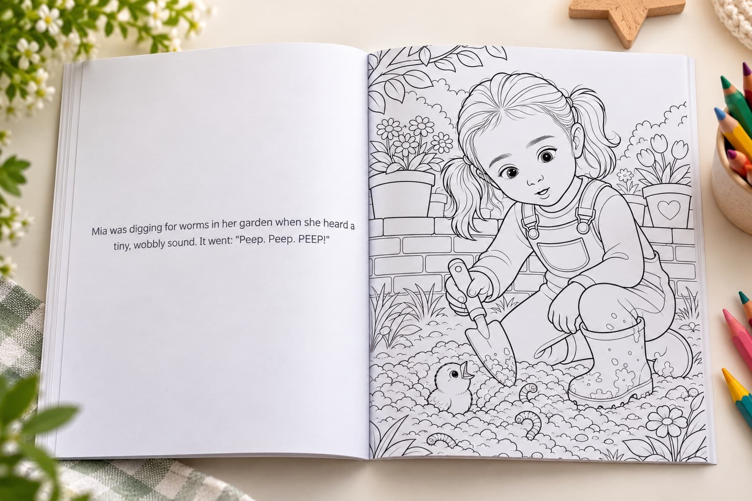 Open colouring storybook: story text beside a full-page garden scene to colour