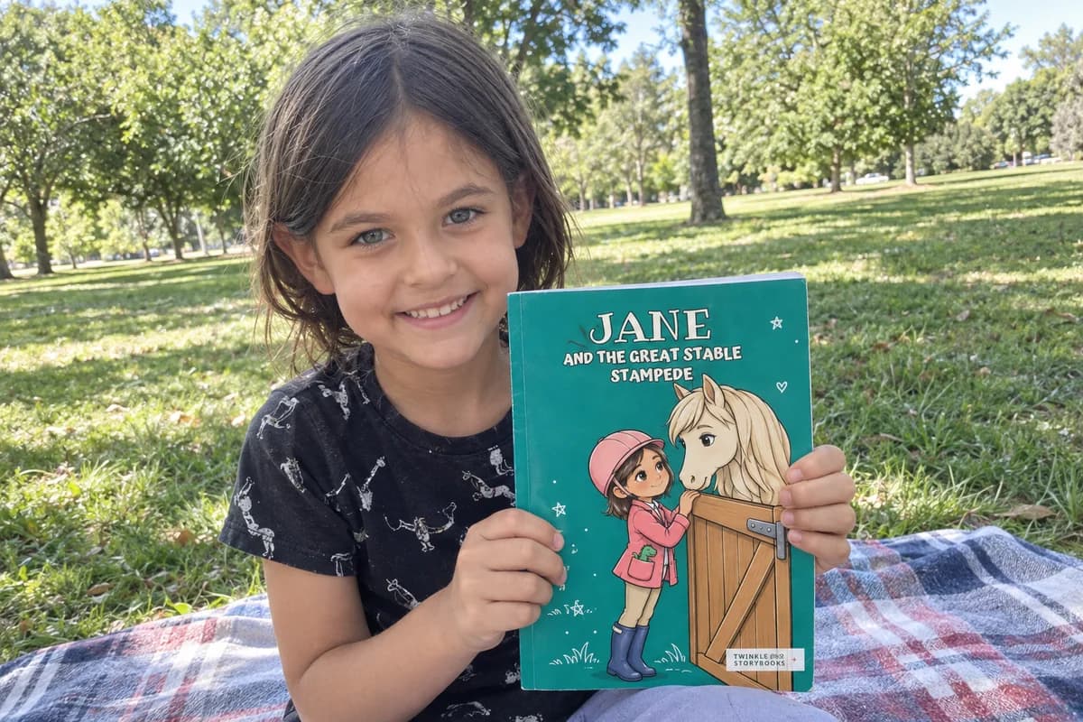 A child on a picnic blanket holding a personalised horse adventure book, with the illustrated hero visible on the cover