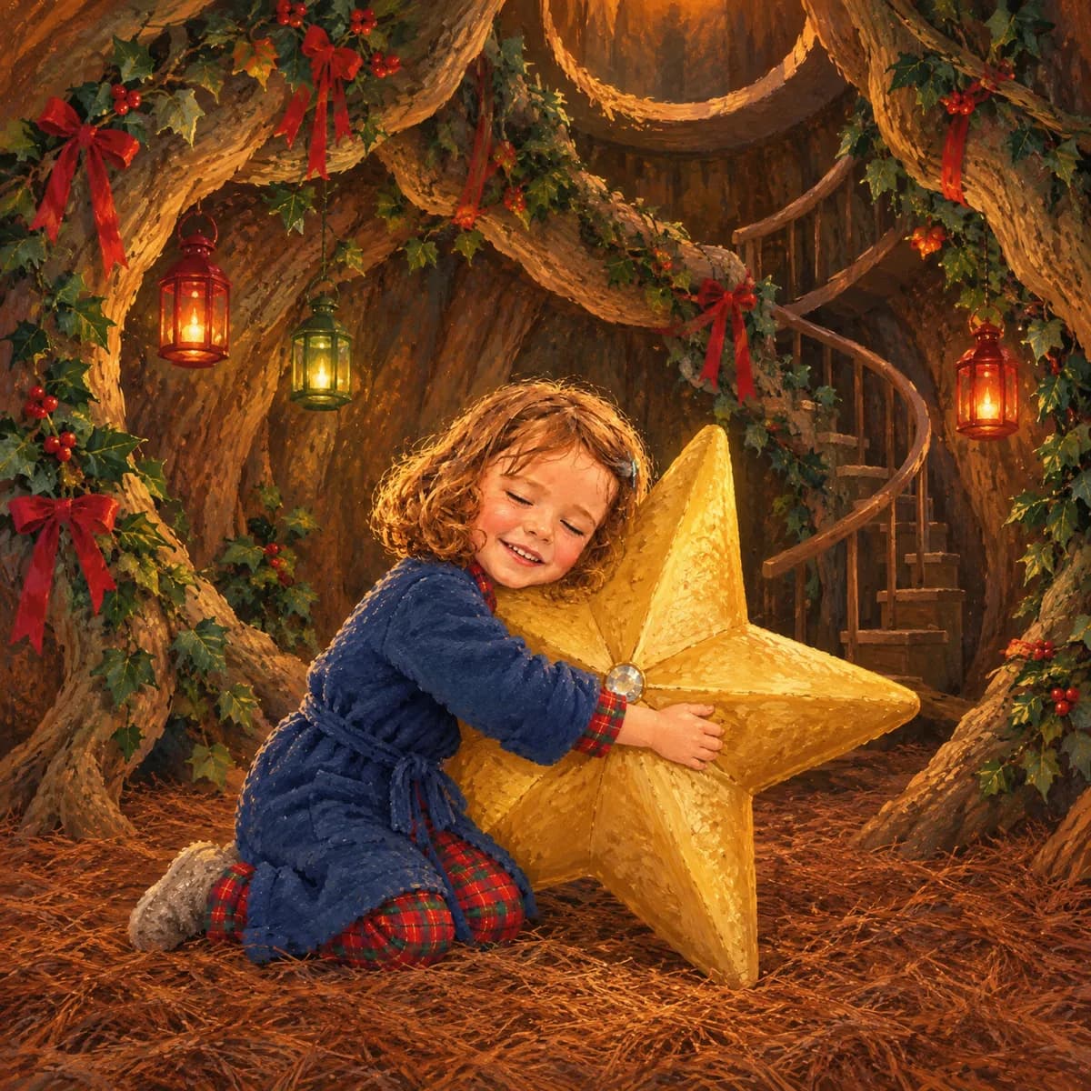 Full-colour illustration of a girl hugging a golden star